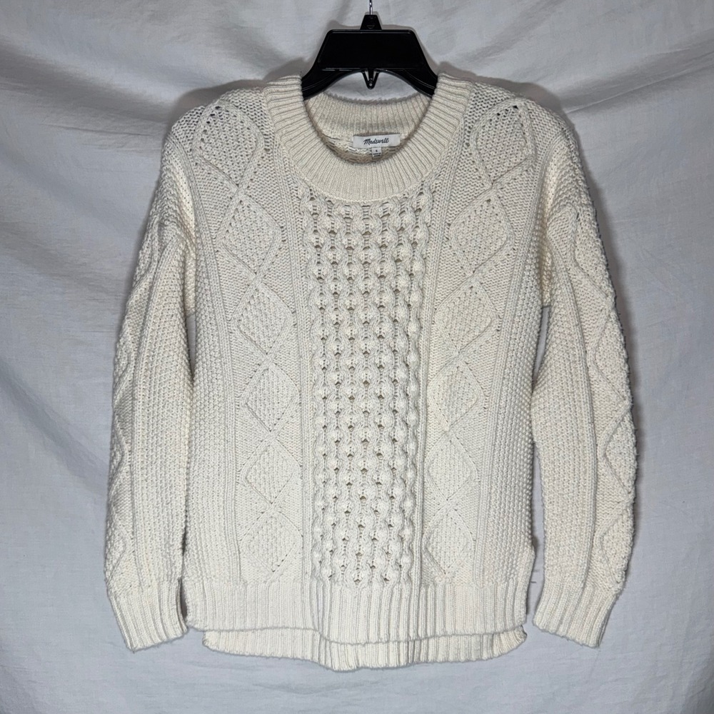 Madewell Ivory Cable Knit Sweater Size S Cotton Blend Crewneck Pullover